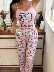 SANRIO 1 Bộ đồ ngủ nữ in họa tiết dễ thương, gồm áo hai dây và quần short, đồ mặc nhà thoải mái cho mùa xuân, hè và thu. - Nhiều màu - Xem 2