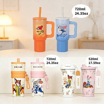 Miniso Bộ đồ chơi Disney Zootopia Nick/Judy gồm cốc thép không gỉ cầm tay có ống hút 720ml/24.35oz, cốc cà phê Nick/Judy Galileo 520ml/17.59oz và bình giữ nhiệt có ống hút Nick/Judy 720ml/24.35oz, thiết kế nổi tiếng trên mạng, thích hợp sử dụng tại nhà, văn phòng, du lịch, cốc nước di động chống rò rỉ, món quà sinh nhật hoàn hảo, chất liệu thép không gỉ (1 chiếc).