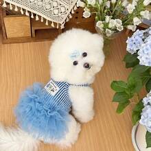 可爱条纹/爱心印花宠物胸背带裙，带牵引环，柔软薄纱裙摆，适合小型/中型犬，手工制作的甜美宠物服装 - 彩色 - 查看 7