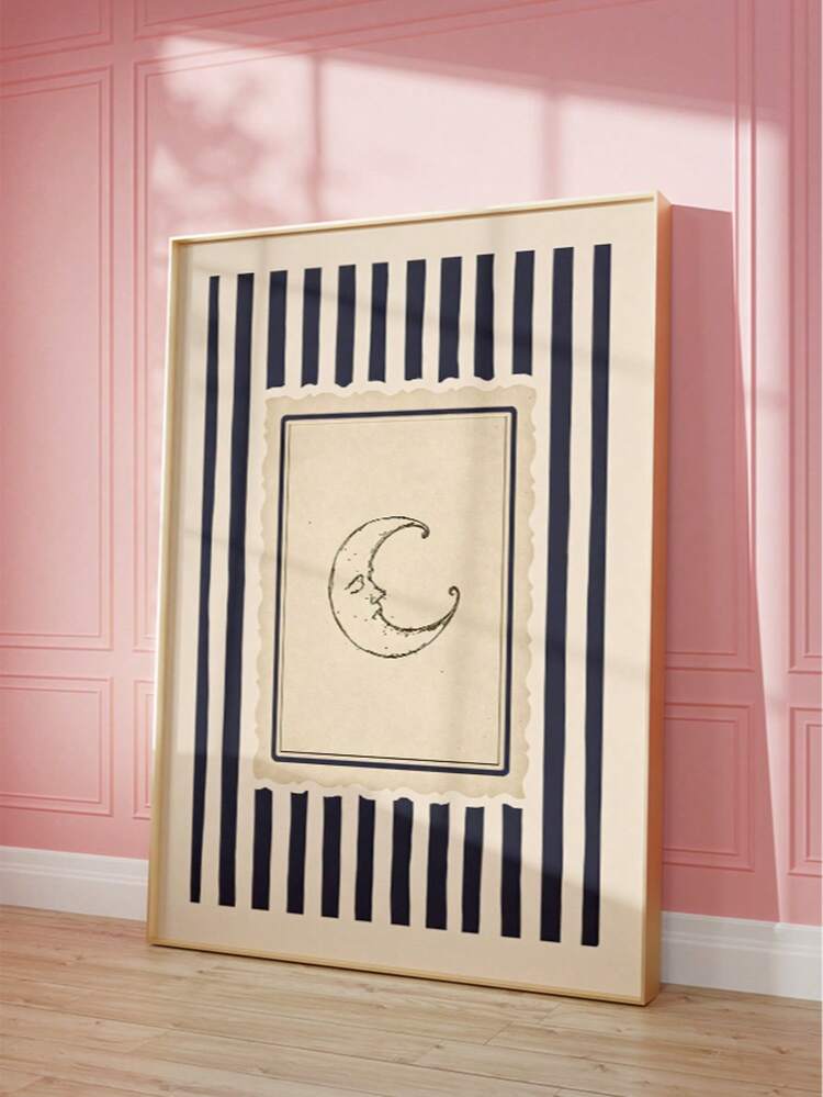 1pc Frameless Vintage Hand-Drawn Crescent Moon With Soft Smile In Ornamental Frame Art Print, Whimsical Celestial Poster For Bedroom, Dorm, Wall Decor, Funky Posters, Gift - Moon - View 2