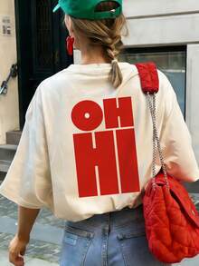 紅色 OHHI 字母印花圓領短袖 T 恤 女款 新款簡約可愛圖案休閒度假風 寬鬆修身夏季短袖上衣 - 杏色 - 查看 2
