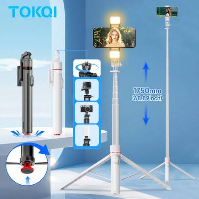 TOKQI TT03 自动伸缩自拍杆三脚架，带磁吸遥控器，360°旋转可拆卸手机支架，便携式旅行铝合金支架，兼容1/4英寸接口，可连接补光灯、手机、相机，适用于户外活动、Vlog、视频拍摄和直播。