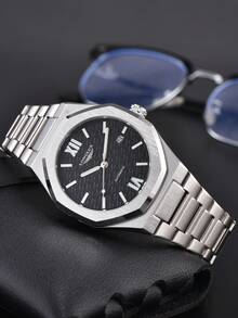 LONGLUX 1 pieza Reloj mecánico automático para hombre con calendario, correa de acero, hebilla de mariposa, casual y de negocios - Negro - Ver 3