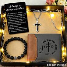 4/3/2PCS Christian Gift Set | God Is Good PU Wallet + Black Bracelet + Stainless Steel Cross Necklace | Religious Gift Set For Men, Dad, Husband, Son | Faith-Based Birthday, Anniversary, Christmas Gift - Black & Brown - View 15