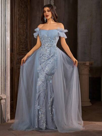 Nuevo vestido de sirena gris-azul con hombros descubiertos, vestido de dama de honor/baile con encaje muy adornado y capa exterior de tul, vestido de sirena de tul largo con bordados de lentejuelas de lujo