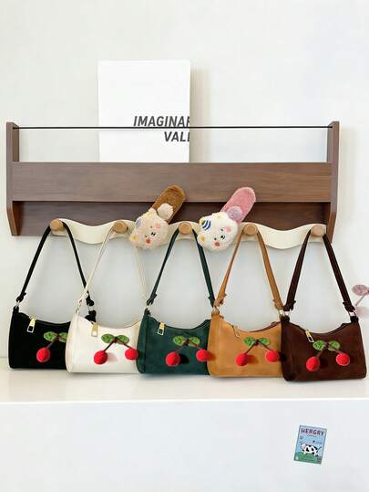 Soft Cute Cherry Decor Bag, Retro Velvet Casual Handbag, Mini Lipstick Purse For Girls