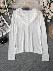 Áo khoác cardigan dệt kim dài tay mỏng nhẹ dành cho nữ | Áo len có mũ trùm đầu bằng ren họa tiết Hàn Quốc với chi tiết xuyên thấu, dáng rộng, dễ phối đồ, dễ tạo phong cách hàng ngày, thích hợp cho mùa xuân/hè. - trắng - Xem 5