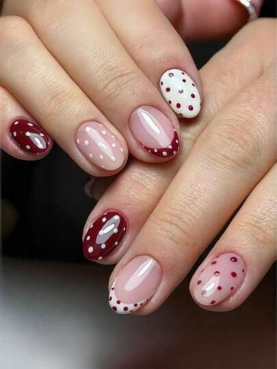 24片/套 椭圆形春夏法式波点短款美甲贴片，适合性感女孩、OL、派对、约会和日常佩戴