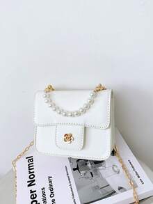 1个女童油性PU山茶花磁扣时尚珍珠手提包，配链条肩带，适合日常四季使用 - A - 查看 12