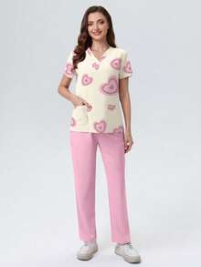 cimmuovere Women's New V-Neck Short Sleeve Top With Heart Print And Pockets, Paired With Pink Straight Leg Pants 2 Piece Set, Spring/Summer Scrubs Nurse Scrubs Workwear Dentist Healthcare Pet Hospital Laboratory Outfit, Valentine's Day - Pink - View 3