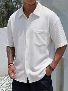 男士白色翻领休闲衬衫，轻盈透气竖条纹纹理衬衫，男士短袖衬衫，男士T恤，沙滩上衣，休闲海滩度假风，可机洗，舒适凉爽，适合夏季海滩度假 - 白色 - 查看 1