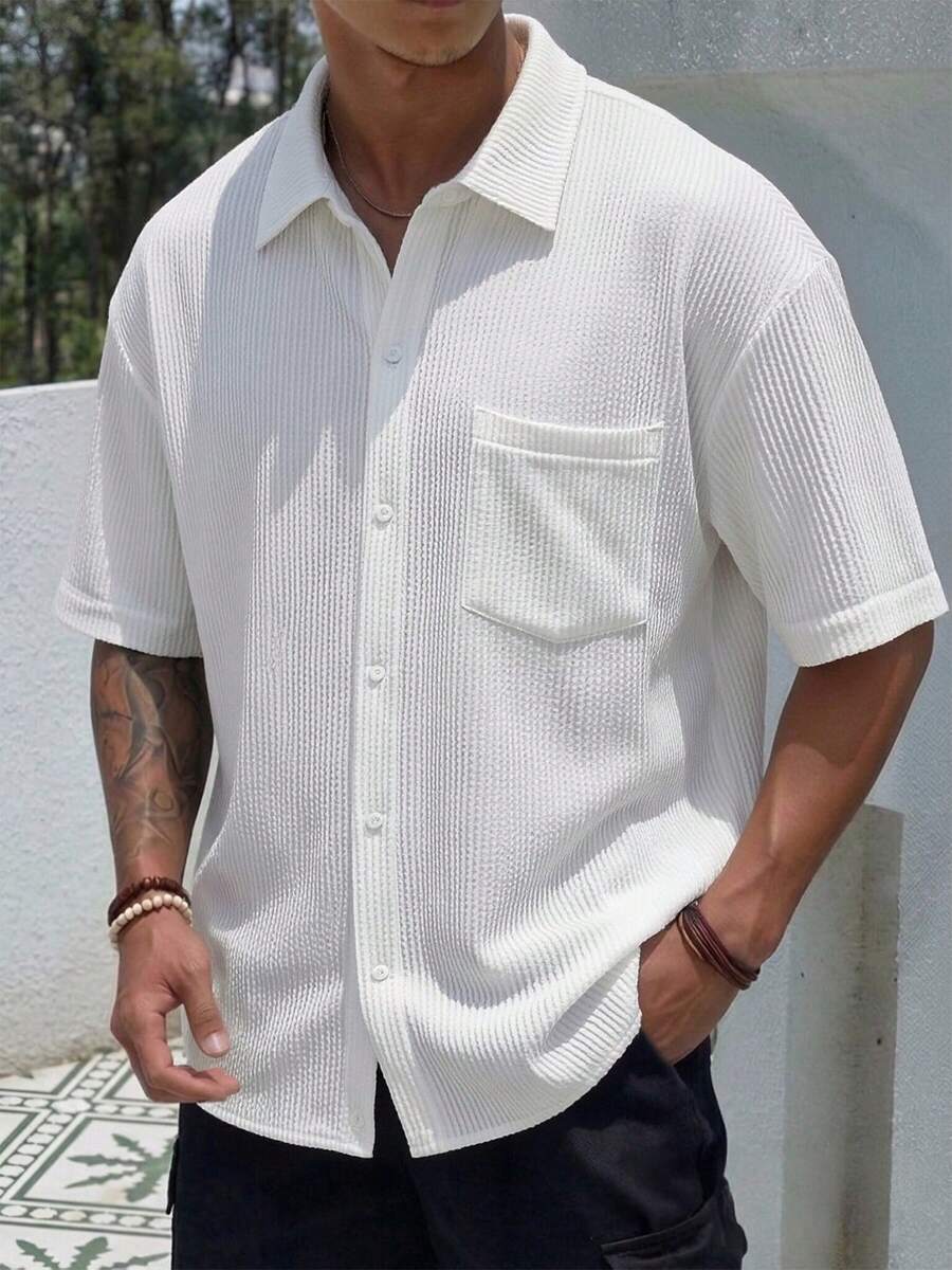 男士白色翻领休闲衬衫，轻盈透气竖条纹纹理衬衫，男士短袖衬衫，男士T恤，沙滩上衣，休闲海滩度假风，可机洗，舒适凉爽，适合夏季海滩度假 - 白色 - 查看 1