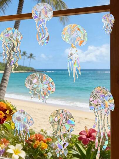 8片/1张水母造型防撞窗贴 - 装饰贴纸，防止鸟类撞击，彩虹色静电吸附防撞窗贴，适合春夏两季，防止鸟类撞击玻璃，适用于家居装饰、派对装饰、夏威夷风情窗饰、海滩风情装饰