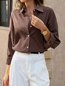 Look Polly 女士夏季棕色上衣，单排扣设计，胸前口袋，适合夏季海滩装扮，打造休闲街头风，通勤和周末度假必备单品 - 咖色 - 查看 7