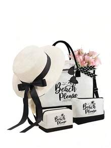 黑白拼接沙滩手提袋套装，印有“Beach Please”字样、海星图案，热带夏季设计，大容量手提包，可重复使用沙滩购物袋，适合婚礼、生日、节日等场合，是送给女性、母亲、教师、朋友、伴娘、学生的完美礼物，也是春夏季节、母亲节、返校季、生日的理想之选。 - 彩色 - 查看 16