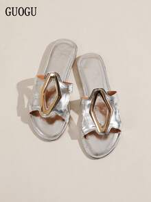 Sandales plates pour femmes, tongs d'été de mode à la plage, glissières argentées avec boucle métallique stylée, tongs surdimensionnées polyvalentes, convenant aux robes, chaussures de style bohème pour dames - Argent - Voir 10