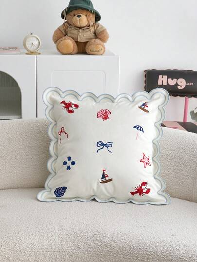 LCUHPCL 1件春夏波浪刺绣抱枕套，采用3D刺绣工艺，图案包括贝壳、螃蟹、海星和小船，家居装饰，适用于客厅、卧室、派对等各种场合。