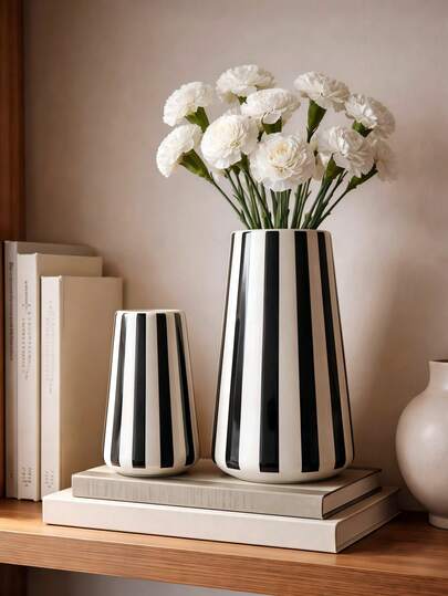 1 pieza Jarrón a rayas blancas y negras, jarrón cilíndrico de estilo europeo minimalista, adecuado para decoración de sala de estar, dormitorio o mesa