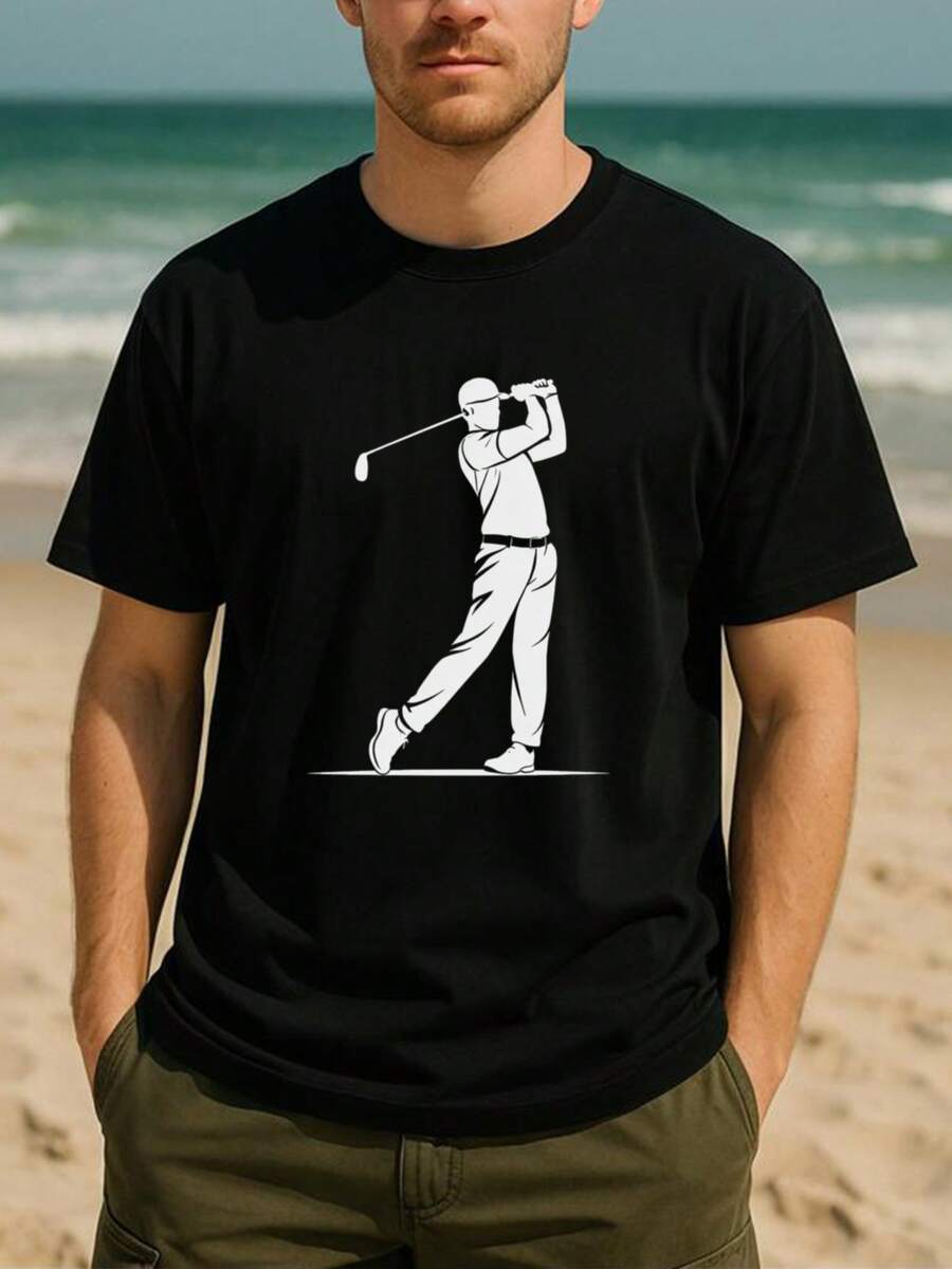 Silueta de Swing de Golf, Camiseta Versátil de Algodón Puro Estilo Deportivo para Golfistas, Camiseta de Manga Corta, Adecuada para Deportes al Aire Libre y Ropa Casual de Fin de Semana, Camiseta de Cuello Redondo - Negro - Ver 1