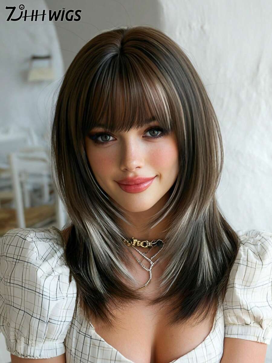7JHH WIGS 摩卡棕色分层假发，女士款，18英寸优雅齐肩直发，带刘海，混合米色发丝，自然柔软，耐热蓬松，无胶合成纤维假发，适合日常佩戴，新手假发配件，母亲节礼物