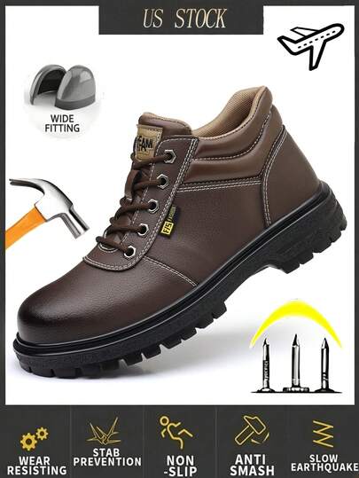 Men's Steel Toe Work Safety Boots, Anti-Smash Puncture Resistant Non-Slip Wear-Resistant Mid Top Lace Up Faux Leather Footwear For Industrial Construction Outdoor Work Daily Commute Wear