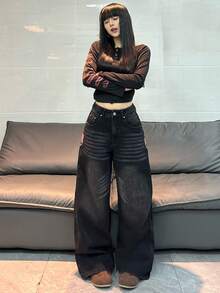 1 chiếc quần jeans ống rộng nữ thời trang, chất liệu denim rách thêu họa tiết, dáng rộng thoải mái, đa năng, thích hợp cho mọi mùa và kỳ nghỉ. - màu đen - Xem 10