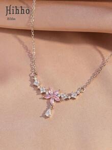 Hihho 1pc Floral Necklace, Delicate & Minimalist Clavicle Chain For Women, French/European Style Embedded Sparkling Pink Zirconia Five-Petal Flower, Tassel Water Drop Pendant, Suitable For Daily Wear, Holiday & Date Gift - 銀色 - 查看 4