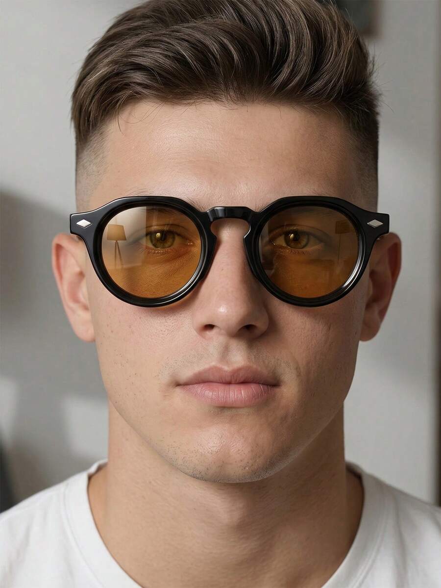 1 Pair Men's Black Round PC Frame Retro Solid Color Casual Outfit Personalized Street Style Vacation Fashion Glasses - Black - View 1