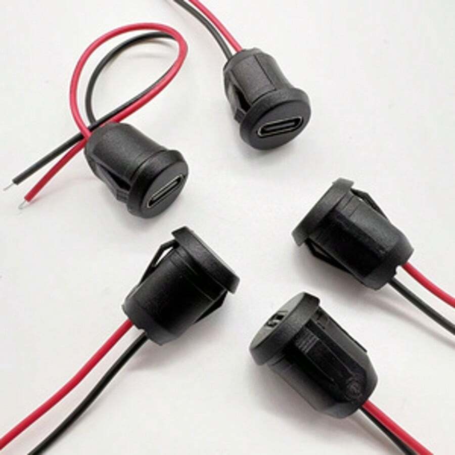 5/10个USB Type-C 2P母头连接器，黑色圆柱形设计，配红黑线缆，镀锡铜材质，增强连接性，适用于工业电气和电子项目 - 黑色 - 查看 1
