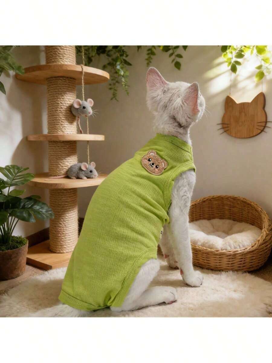 轻薄夏季泰迪熊刺绣背心，无毛斯芬克斯猫透气休闲T恤 - 橘色 - 查看 1