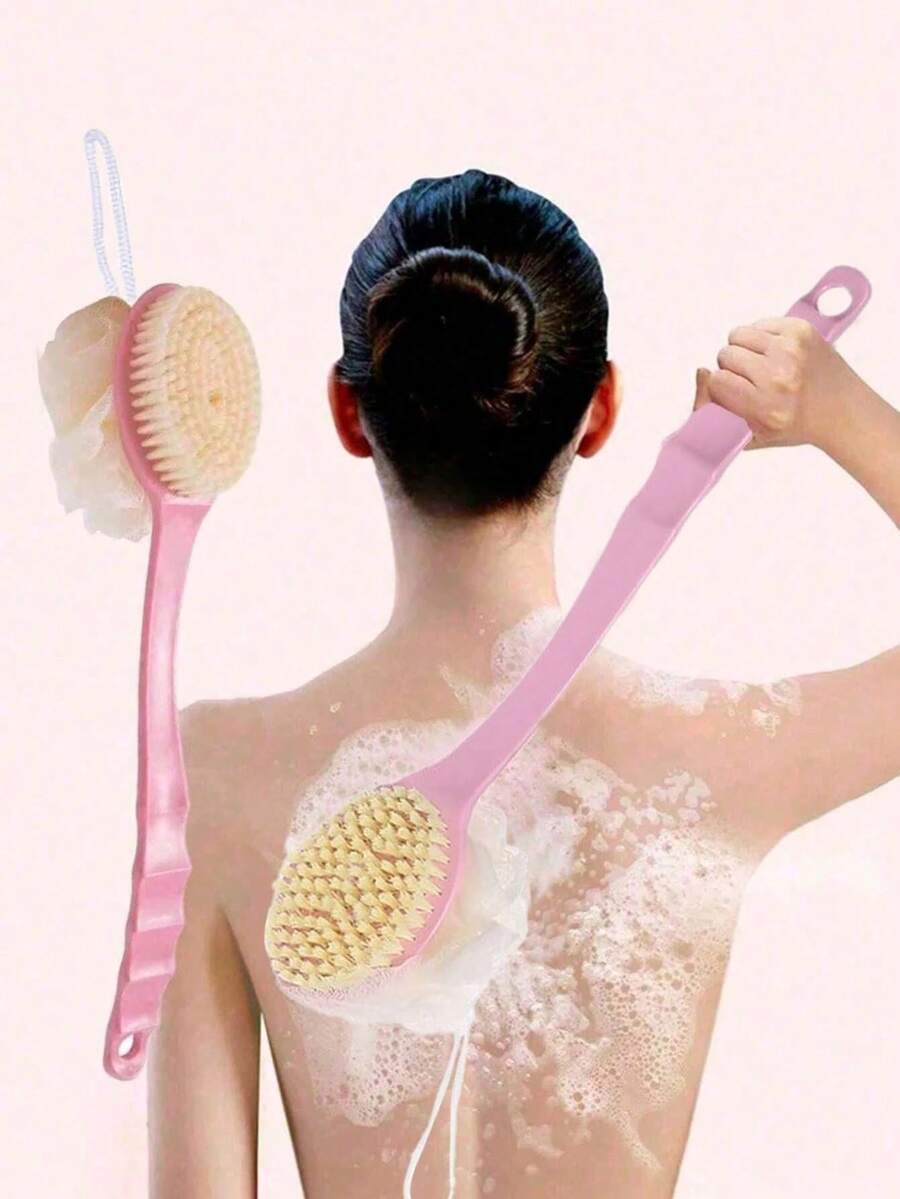 1 chiếc bàn chải tắm 2 trong 1 cán dài, kèm bông tắm, bàn chải massage lông mềm, bàn chải tẩy tế bào chết khi tắm, bàn chải đa chức năng dùng để tẩy tế bào chết lưng và vệ sinh khi tắm.