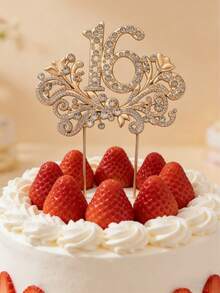1 pieza Decoración de tope de pastel de 16 cumpleaños, adornado con rhinestones y el número decorativo 16, adecuado para fiestas de adolescentes y diversas celebraciones durante todo el año - Multicolor - Ver 3
