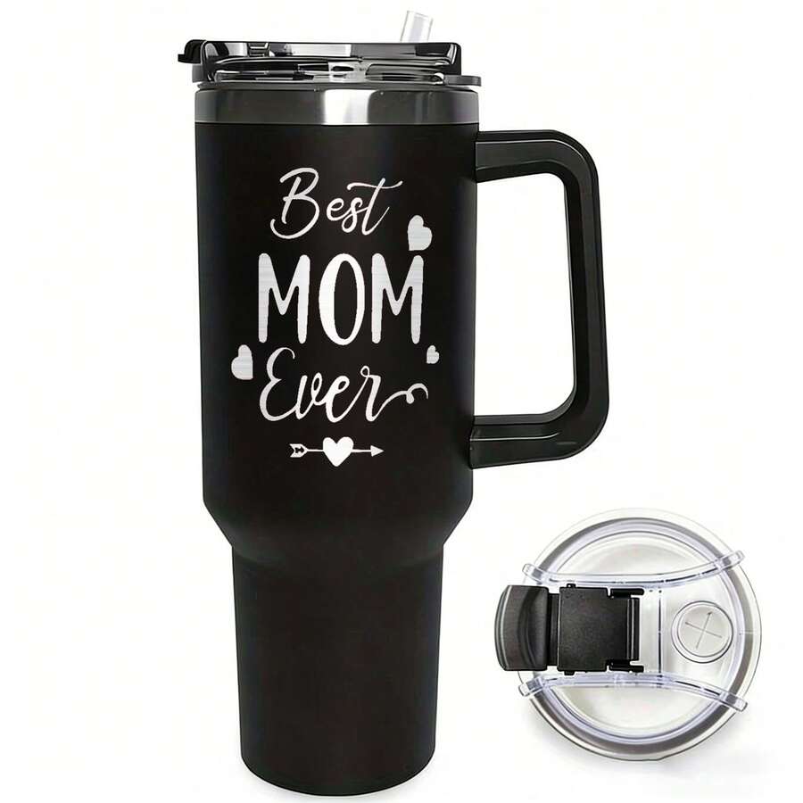 1 Piece, The Best Gift For The Best Mom, 40oz Insulated And Cold-Resistant Cup, Cups With Lids And Straw, With Handles, 304 Stainless Steel Material, Mother's Day Gift Ideas, Mother's Birthday Gift Ideas - 黑色 - 查看 1