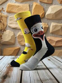 1 đôi tất nam cổ tròn in hình động vật phiên bản AB, họa tiết vịt dễ thương, mềm mại và thoáng khí, dài đến giữa bắp chân, phù hợp cho mọi mùa. - màu đen - Xem 9