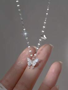 1 件 925 纯银蝴蝶项链，女士款，方晶锆石水晶吊坠，适合日常佩戴、派对和特殊场合 - 送给她的优雅礼物 - 白色 - 查看 9