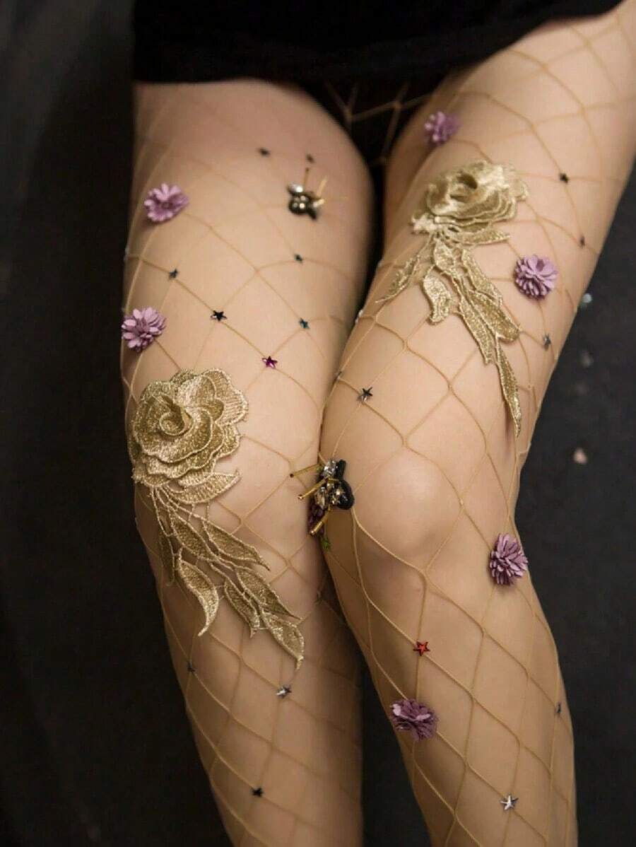 Sexy Floral Bee Fishnet Stockings, Handmade Breathable Mesh Pantyhose, Stylish Tights - Quả mơ - Xem 1