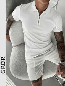 GRDR 男士夏季简约经典拉链Polo衫，适合商务活动和日常穿着 - 白色 - 查看 2
