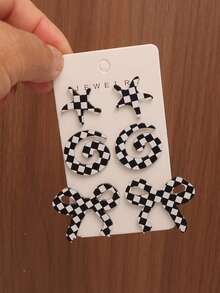 6件套时尚黑白格纹海星、蝴蝶结、花朵、三叶草、水滴造型耳环，适合日常佩戴 - 彩色 - 查看 6