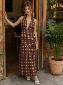 Elegant Halter Maxi Dress For Women, Polka Dot Print, Sleeveless, Open Back, Ideal For Parties And Date Nights. - 棕色 - 查看 3