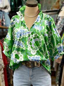 Style 2 Introverted Women's Spring/Summer V-Neck Ruffle Puff Sleeve Blouse, Green Background Blue Ditsy Floral, Fresh Vacation Style - Green - View 3
