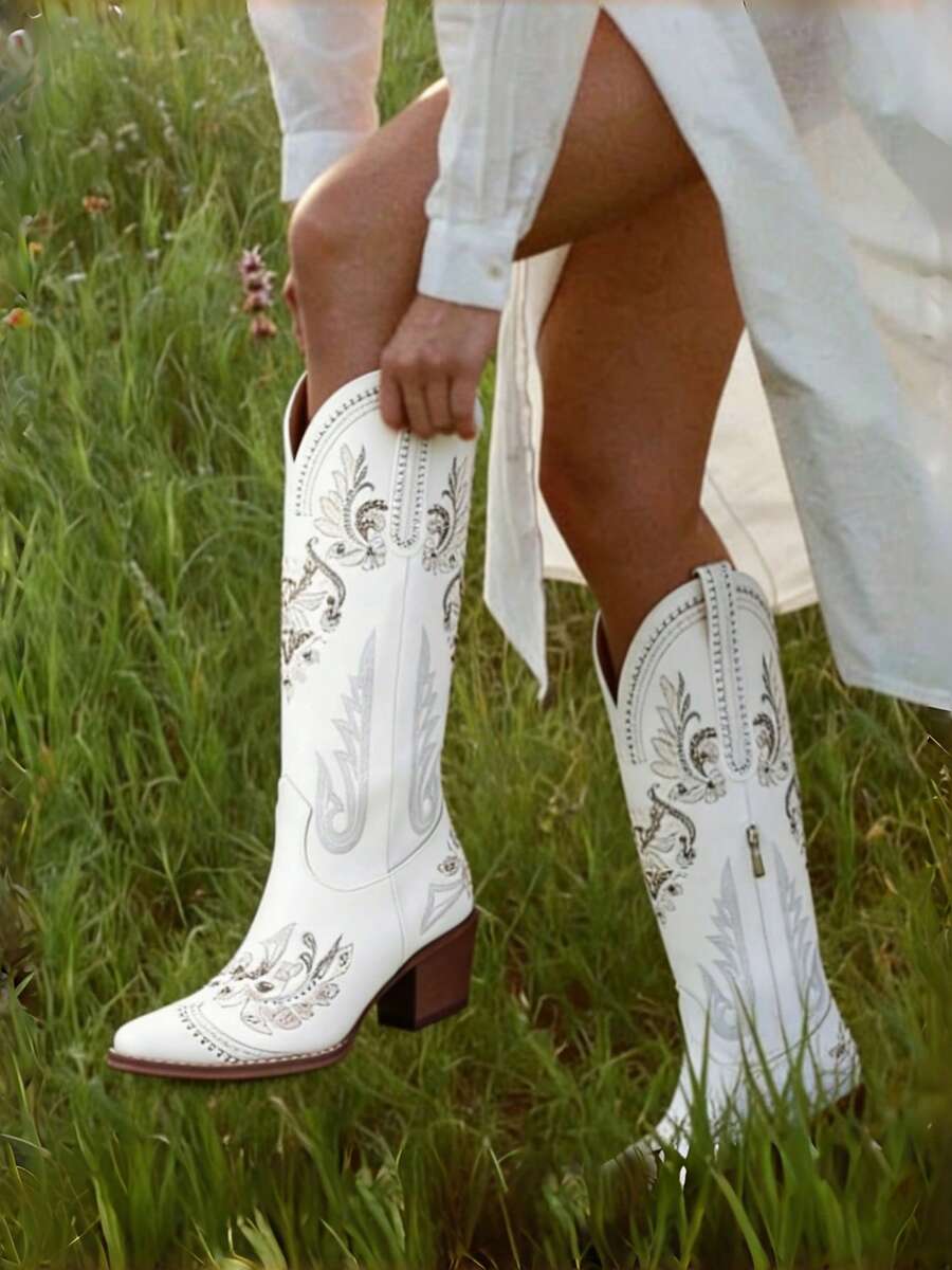 Embroidered Western Boots Chunky Heel Pointed Toe Glitter Shiny Country Style Slip-On Knee-High Boots Cowbgirl Boots For Women - 白色 - 查看 1