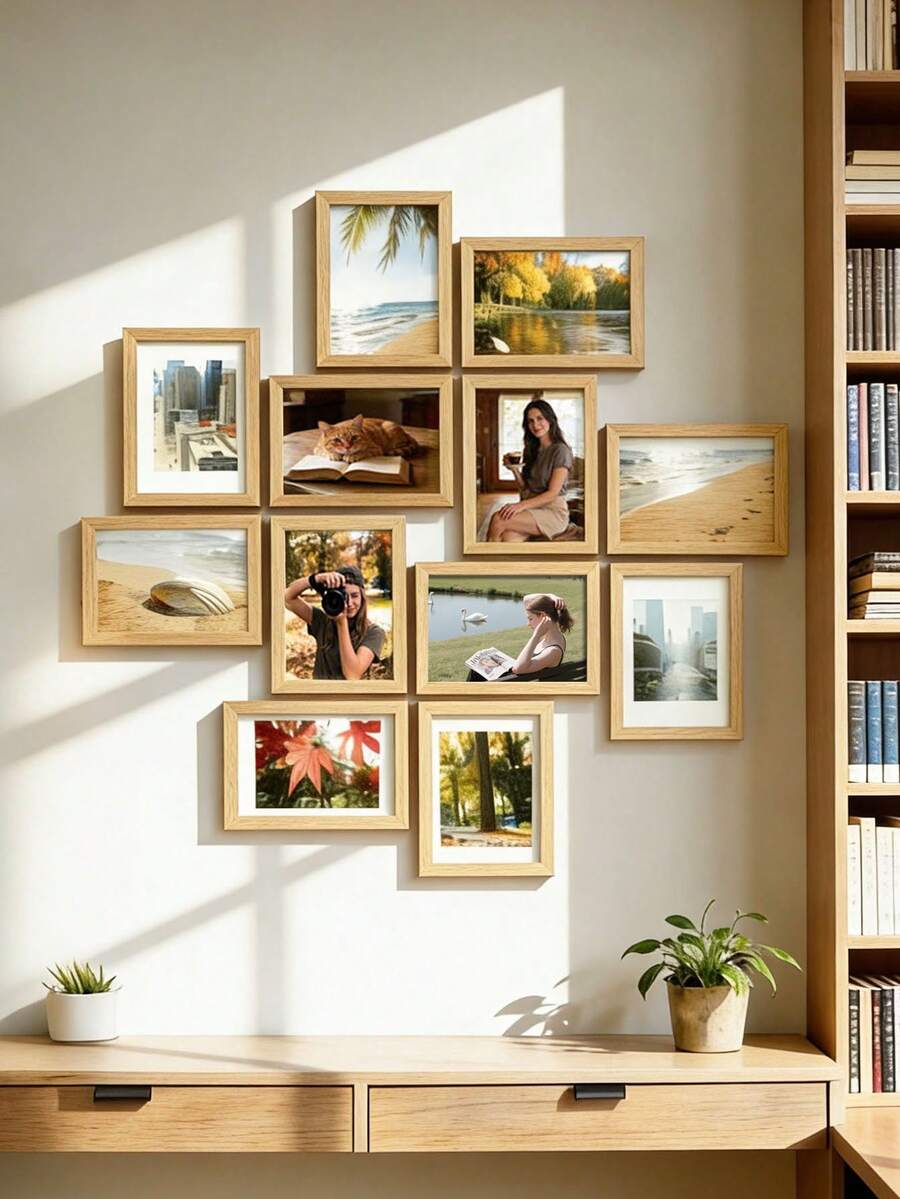 12 pièces Ensemble de cadres photo en bois - Cadres commémoratifs avec modèle de disposition murale, support de bureau multifonctionnel et cadres de décoration murale, accessoires de décoration d'intérieur personnalisables