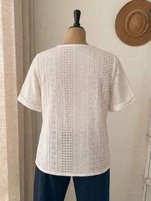 Women's White Hollow Embroidered V-Neck Blouse, Elegant Lace Trim Short Sleeve Summer Top Casual - White - View 8