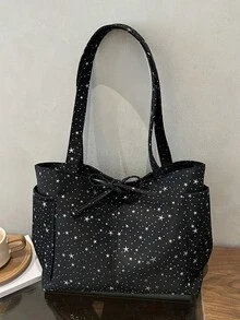 New Star & Moon Pattern Double Pocket Tote Bag, Fashionable Large Capacity Nylon Shoulder Bag For Women - Black - View 9