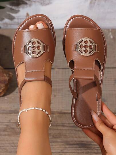 女士休闲时尚简约优雅百搭平底凉鞋，圆形镂空设计，套脚式平底休闲鞋，舒适沙滩拖鞋，适合夏季室内外穿着