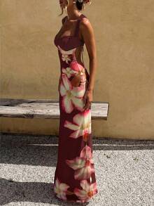 优雅浪漫性感休闲度假约会碎花蕾丝连衣裙，夏季连衣裙，女士优雅连衣裙，休闲长裙，夏季度假装扮，碎花连衣裙 - 酒紅色 - 查看 1