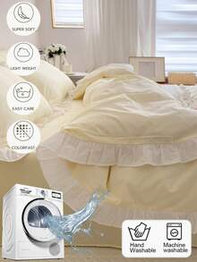 三件套黄色米色荷叶边柔软磨毛被套组（1个被套+2个枕套），适用于卧室和客房，四季皆宜，可机洗 - 黃色 - 查看 2