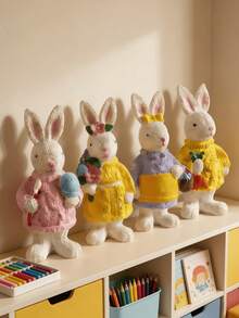 1pc Adorable Rabbit Figurine, Charming Rabbit Sculpture Decorated With Knitted Sweater, Floral Headpiece, Carrot And Basket, Dreamy Easter Spring Home Decor, Farmhouse Style Shelf/Desktop Ornament, Bedroom/Living Room Decorative Gift - Multicolor - View 5