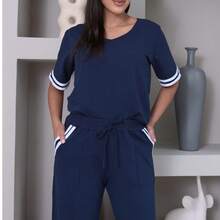 Women's Striped Set - Pants And Top In Lightweight Fleece With White Details - Comfortable Style - Navy Blue - View 2