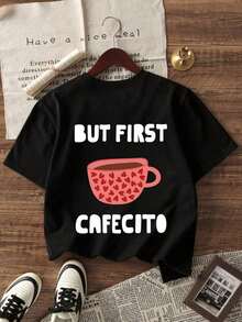 Camisetas manga corta mujer 1 pieza Camiseta de manga corta, cuello redondo, holgada y cómoda, con estampado de corazón rosa y taza de café, ideal para verano, playa, uso diario, trabajo, festivales y San Valentín, para amantes del café - Negro - Ver 3